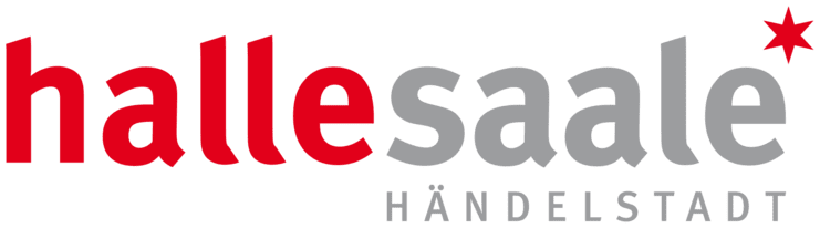 Logo von Halle (Saale) mit roter und grauer Schrift, darunter der Schriftzug „Händelstadt“.