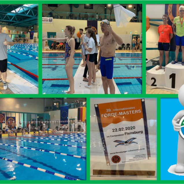 Collage des Schwimmwettkampfs &bdquo;F&ouml;rde-Masters&ldquo; in Flensburg mit Sportlern, Medaillen und Veranstaltungsdetails.