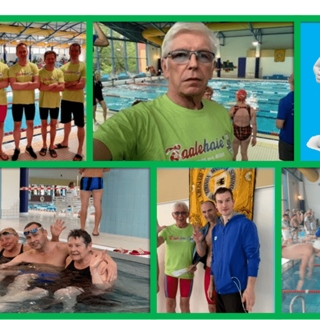 Gruppenbild von Schwimmern in gr&uuml;nen T-Shirts am Beckenrand, unz&auml;hlige weitere Schwimmer im Hintergrund.