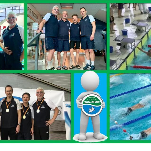 Verschiedene Szenen von Masters-Schwimmern beim Wettkampf, inklusive Teamfotos und Schwimmaktionen im Wasser.