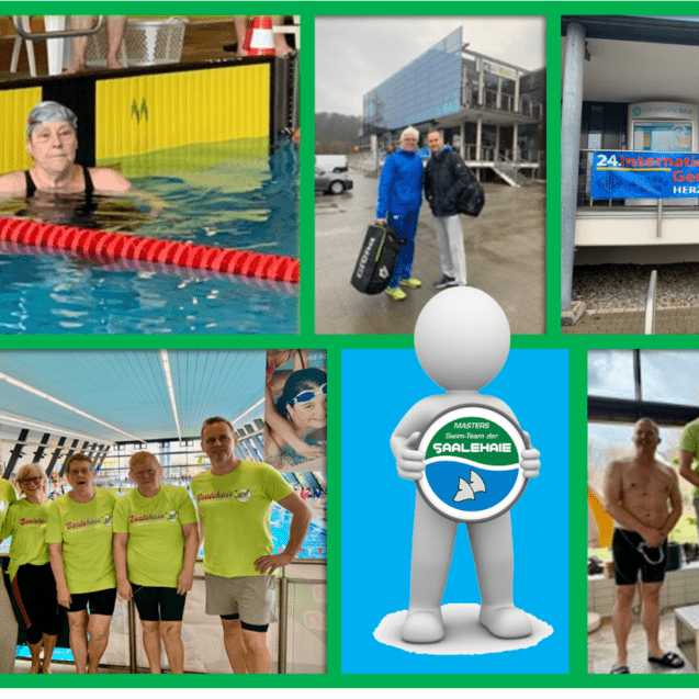 Collage von Schwimmern bei Wettkämpfen, Trainingsszenen und der Veranstaltung „Gera-Masters“ in verschiedenen Orten.