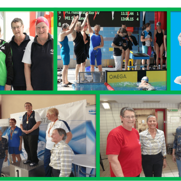 Collage aus Fotos von Schwimmern, Podestfeiern und Teilnehmern eines Schwimmwettbewerbs für Masters im Hallenbad.