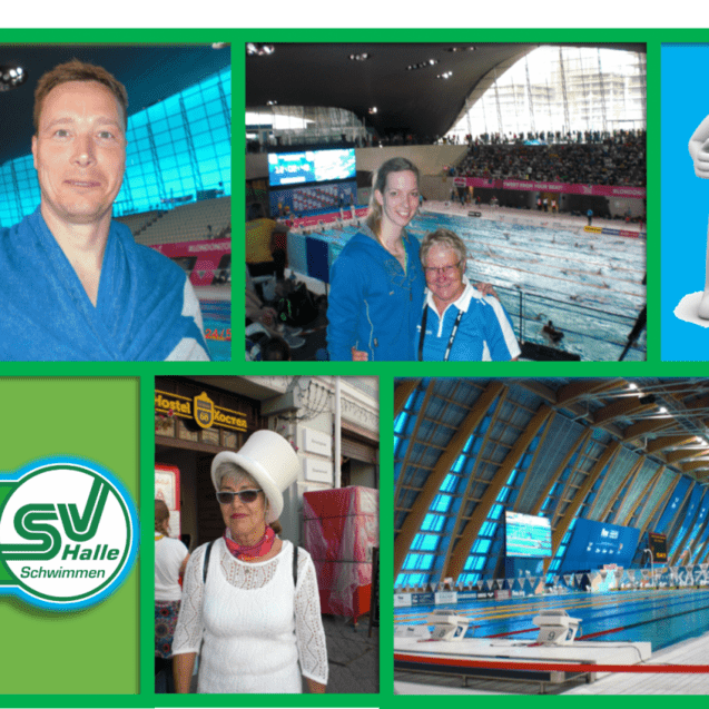 Collage mit Schwimmern im Wasser, Zuschauern in Halle, Logo des SV Halle Schwimmen und einem Frau mit Hut.