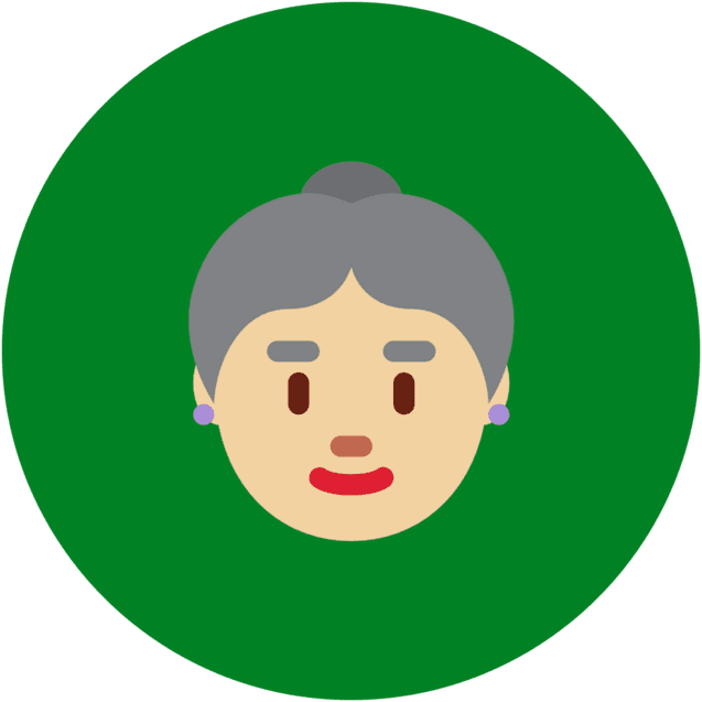 Illustration eines l&auml;chelnden, &auml;lteren Frauengesichts mit grauen Haaren und lila Ohrringen vor gr&uuml;nem Hintergrund.