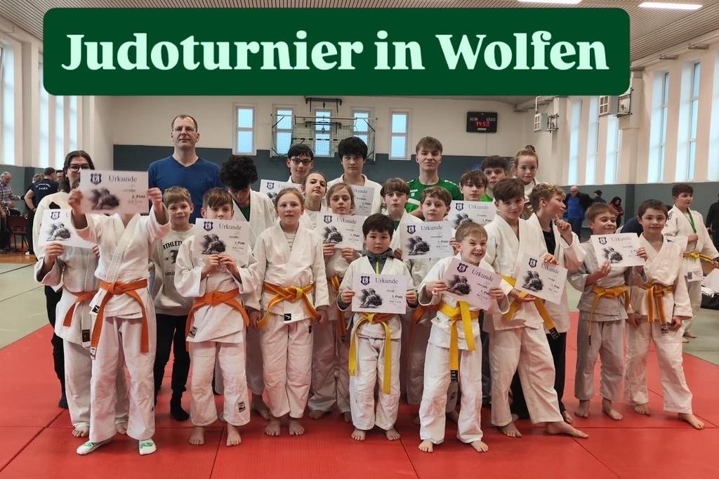 Ein Gruppenfoto aller Teilnehmer am Judoturnier in Wolfen.