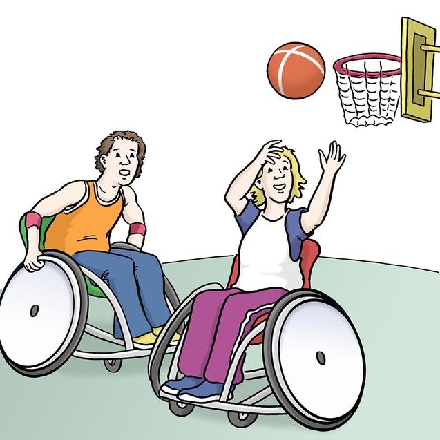 Zwei Menschen im Rollstuhl spielen Basketball; einer wirft einen Ball Richtung Korb.