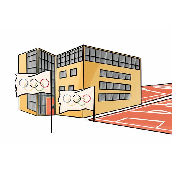 Olympisches Gebäude mit Fahnen und Sportplatzansicht in einer modernen, grafischen Darstellung.