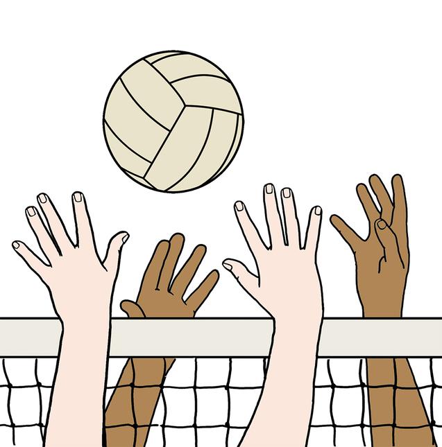 Hände strecken sich nach einem Volleyball über ein Netz in einem minimalistischen, grafischen Stil.