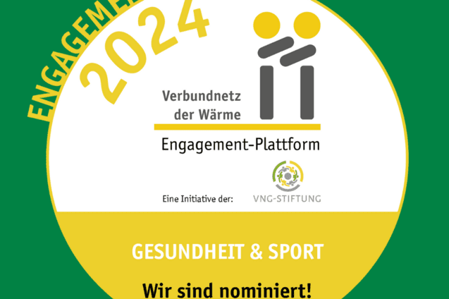 Logo des Engagementpreises 2024 f&uuml;r Gesundheit & Sport, nominiert von der VNG-Stiftung, auf gr&uuml;nem Hintergrund.