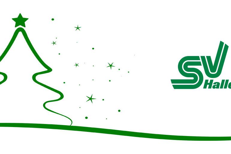Grüne Weihnachtsbaum-Silhouette mit Stern und funkelnden Elementen, daneben das Logo "SV Halle".