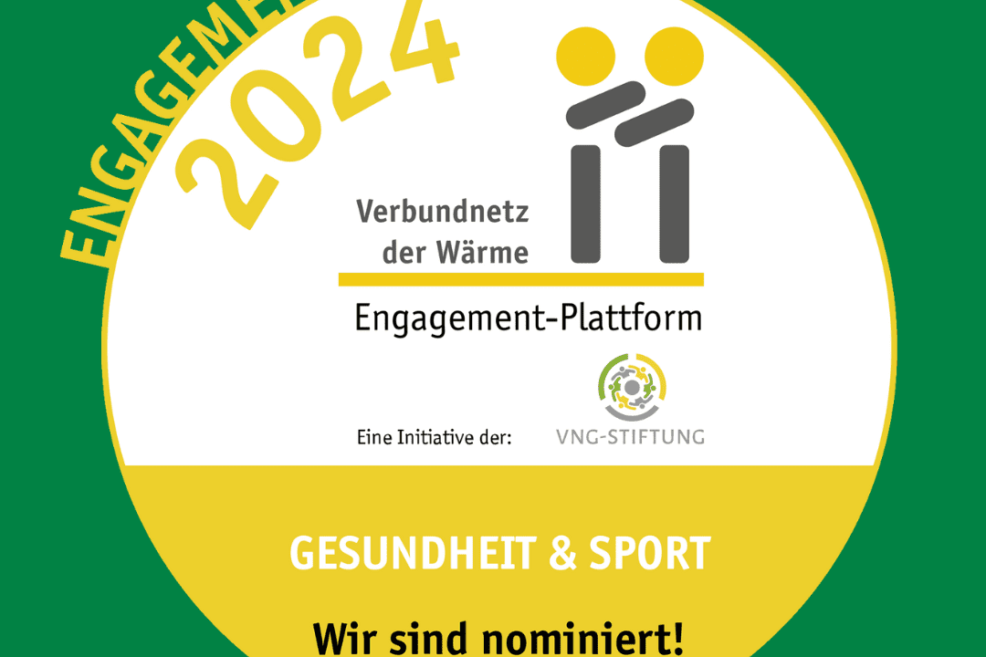 Logo des Engagementpreises 2024 f&uuml;r Gesundheit & Sport, nominiert von der VNG-Stiftung, auf gr&uuml;nem Hintergrund.