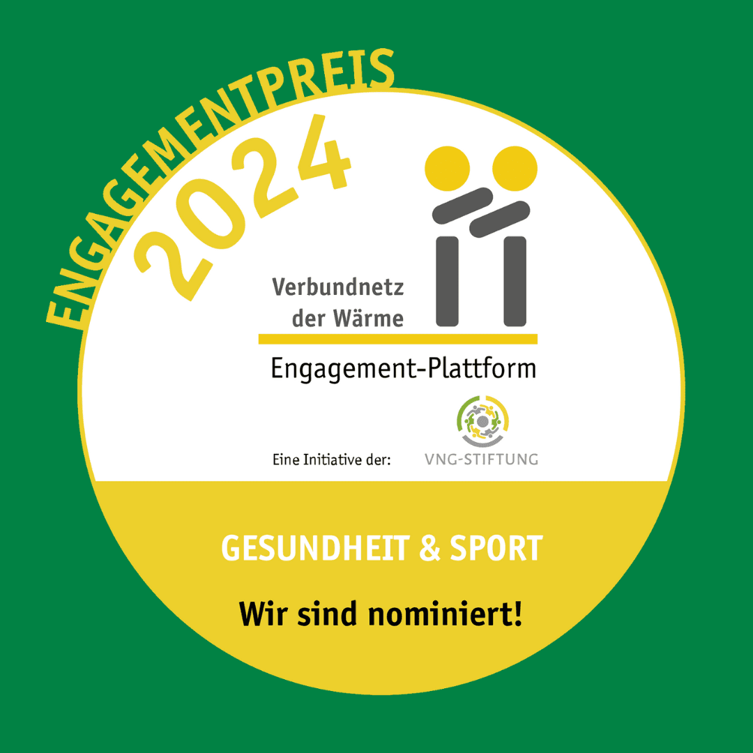 Logo des Engagementpreises 2024 für Gesundheit & Sport, nominiert von der VNG-Stiftung, auf grünem Hintergrund.