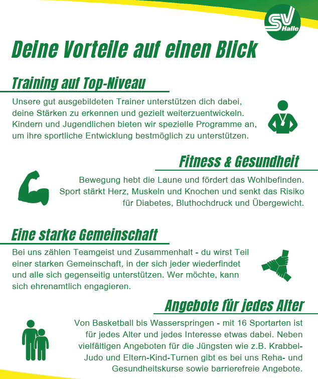 Ein Bild, welches die Vorteile einer Mitgliedschaft im SV Halle aufzeigt.