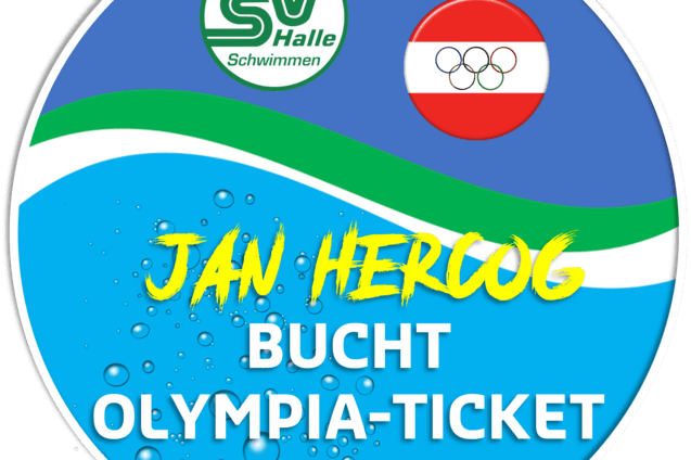 Grafik mit dem Text &bdquo;Jan Hercog bucht Olympia-Ticket Doha 2024&ldquo; und Logos von SV Halle Schwimmen und Olympischen Spielen.