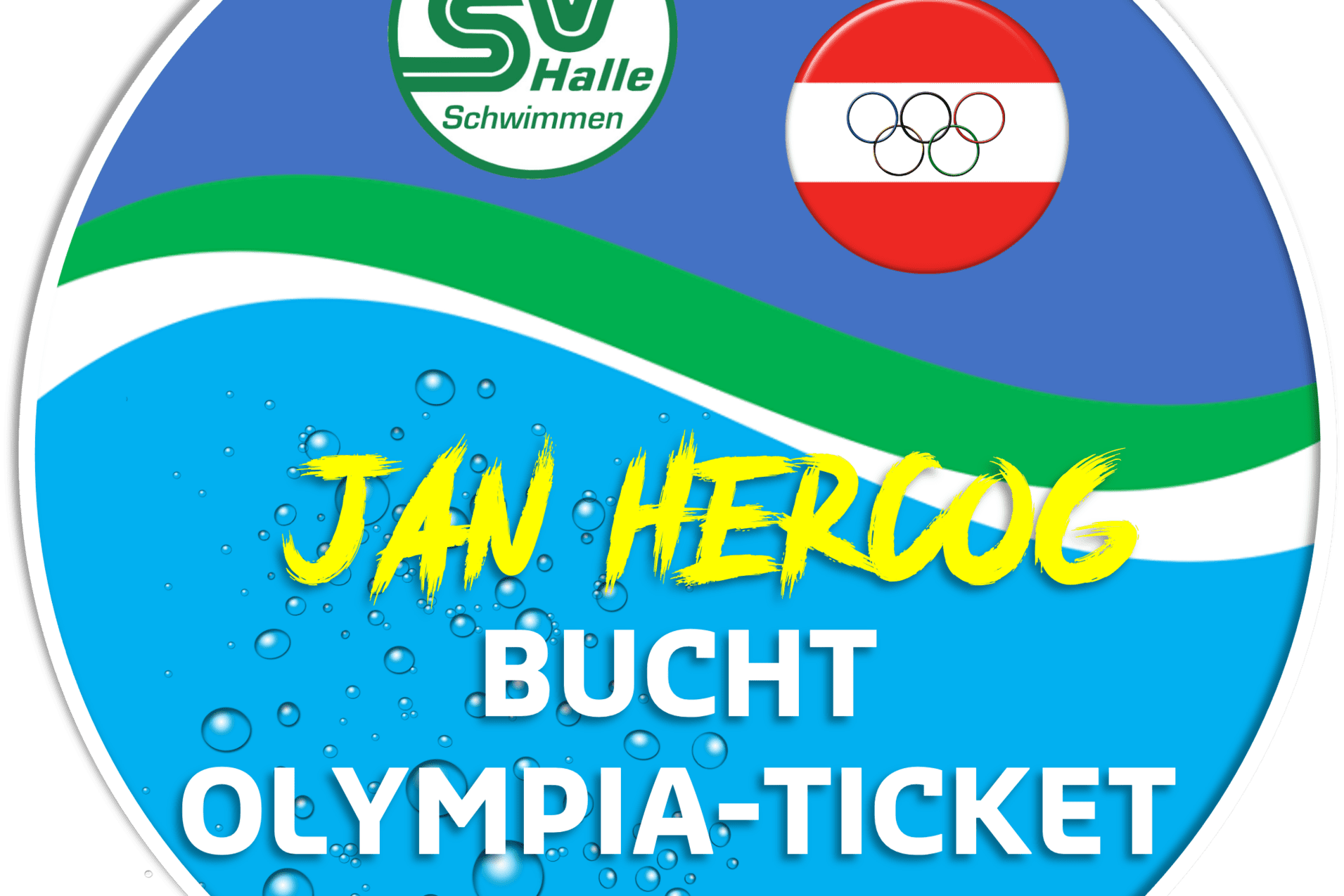 Grafik mit dem Text &bdquo;Jan Hercog bucht Olympia-Ticket Doha 2024&ldquo; und Logos von SV Halle Schwimmen und Olympischen Spielen.