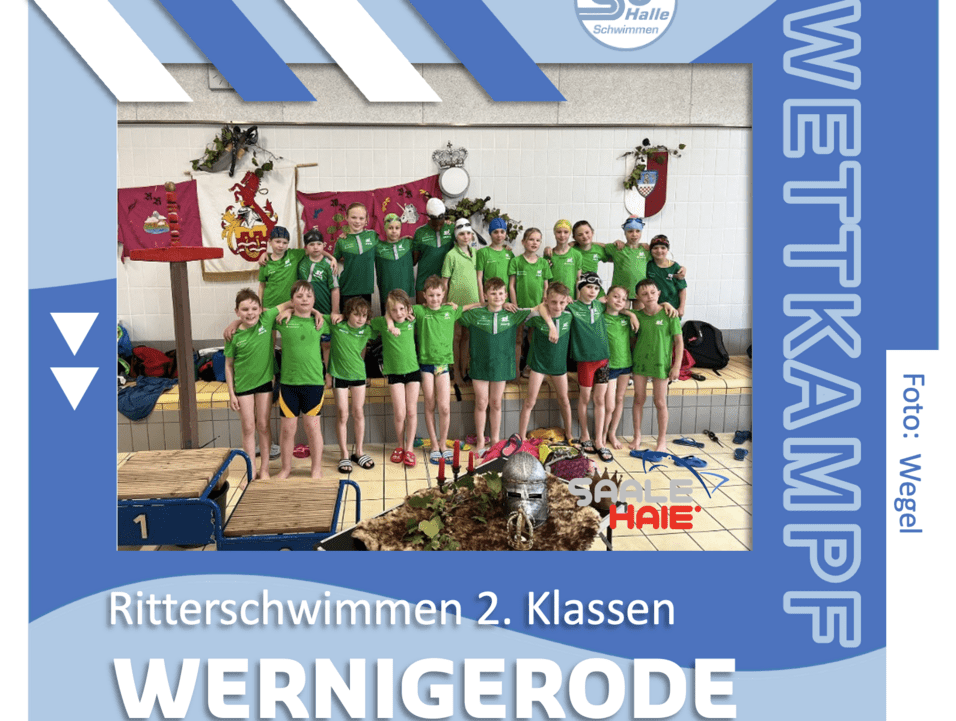 Gruppe von Schwimmern in gr&uuml;nen T-Shirts, aufgestellt vor einer Wand mit festlicher Dekoration und Teilnehmerbanner.