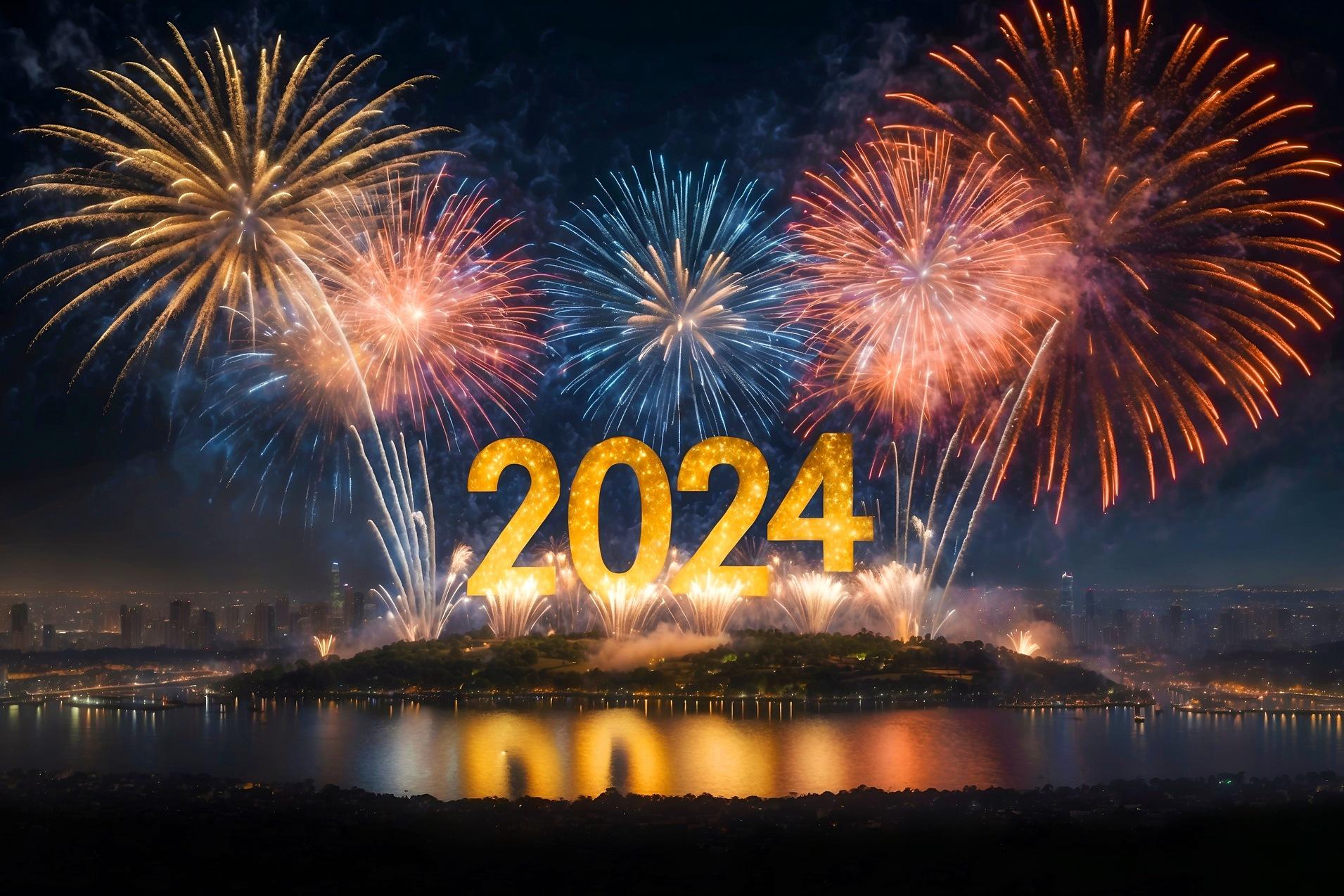 Feuerwerk erhellt den Nachthimmel über einer Stadt, mit der goldenen Zahl „2024“ im Vordergrund.