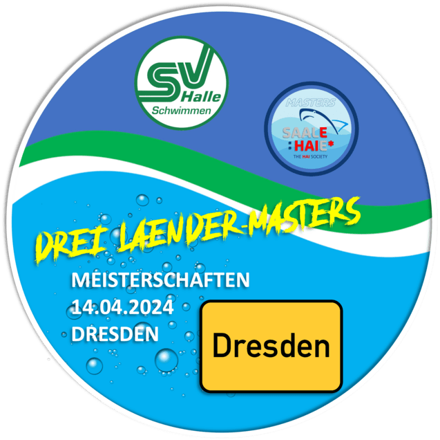 Logo der Drei Länder Masters Meisterschaften am 14.04.2024 in Dresden, mit Wasserbläschen und Vereinslogos.