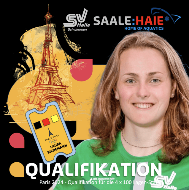 Grafik mit Laura Riedemann, Qualifikation für die Olympischen Spiele 2024 in Paris, und dem Eiffelturm im Hintergrund.