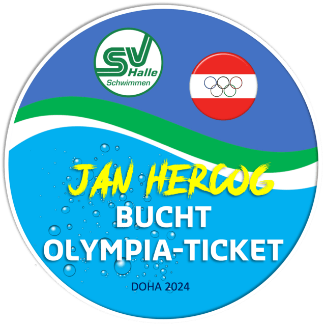 Grafik mit dem Text „Jan Hercog bucht Olympia-Ticket Doha 2024“ und Logos von SV Halle Schwimmen und Olympischen Spielen.