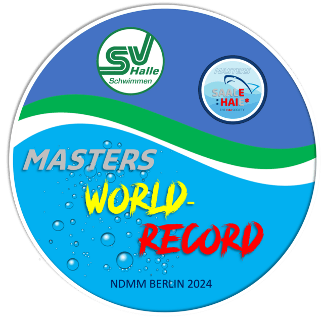 Rundes Emblem f&uuml;r den NDMM in Berlin 2024, mit den Aufschriften "Masters", "World Record" und Wasserelementen.