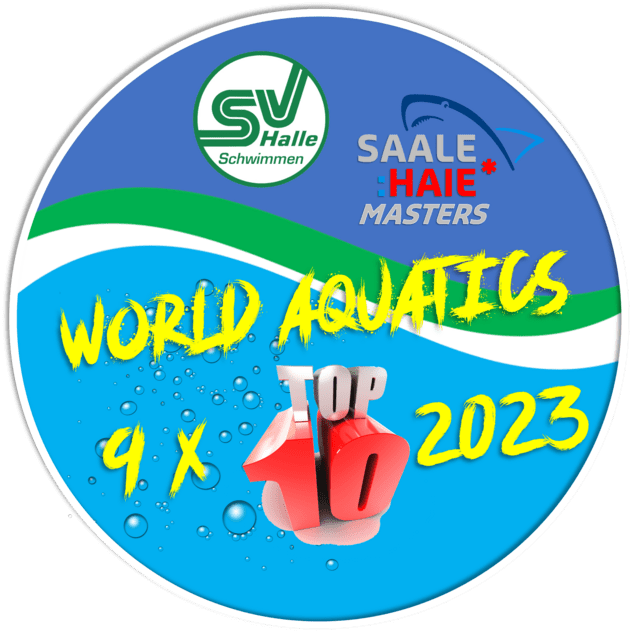 Rundes Logo für die SV Halle Schwimmen mit dem Text „World Aquatics Top 10 2023“ und grafischen Wasser-Elementen.