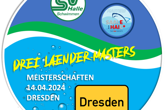 Logo f&uuml;r die Drei-L&auml;nder-Masters Meisterschaften in Dresden am 14.04.2024 mit Wassertropfen und Sportverbandsymbolen.