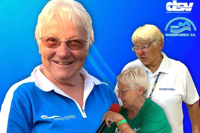 Portr&auml;t einer fr&ouml;hlichen Frau mit kurzen blonden Haaren, die ein blaues Shirt mit &bdquo;MASTERS&ldquo; tr&auml;gt, vor blauem Hintergrund.