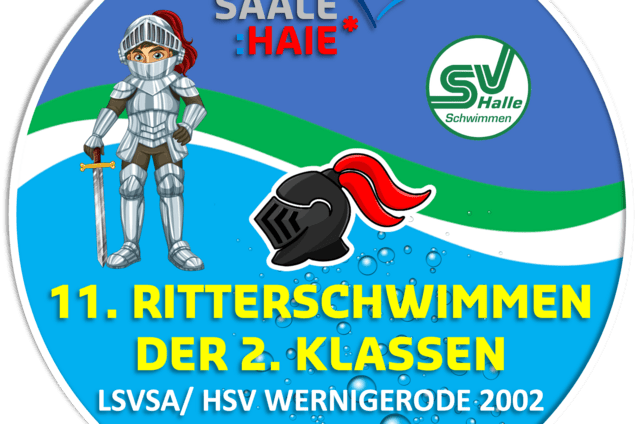 Logo des 11. Ritterschwimmens mit Ritterfigur, Wasserblasen und Informationen zu Veranstaltung und Datum.