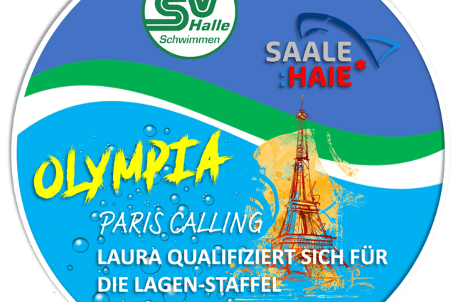 Logo mit dem Schriftzug &bdquo;Olympia Paris Calling&ldquo; und Info zu Laura, die sich f&uuml;r die Lagenstaffel qualifiziert hat.