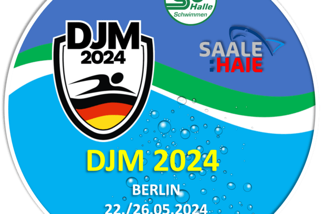Rundes Logo f&uuml;r die DJM 2024 in Berlin, Datum: 22./26.05.2024, mit Schwimmer und Wasserblasen-Design.
