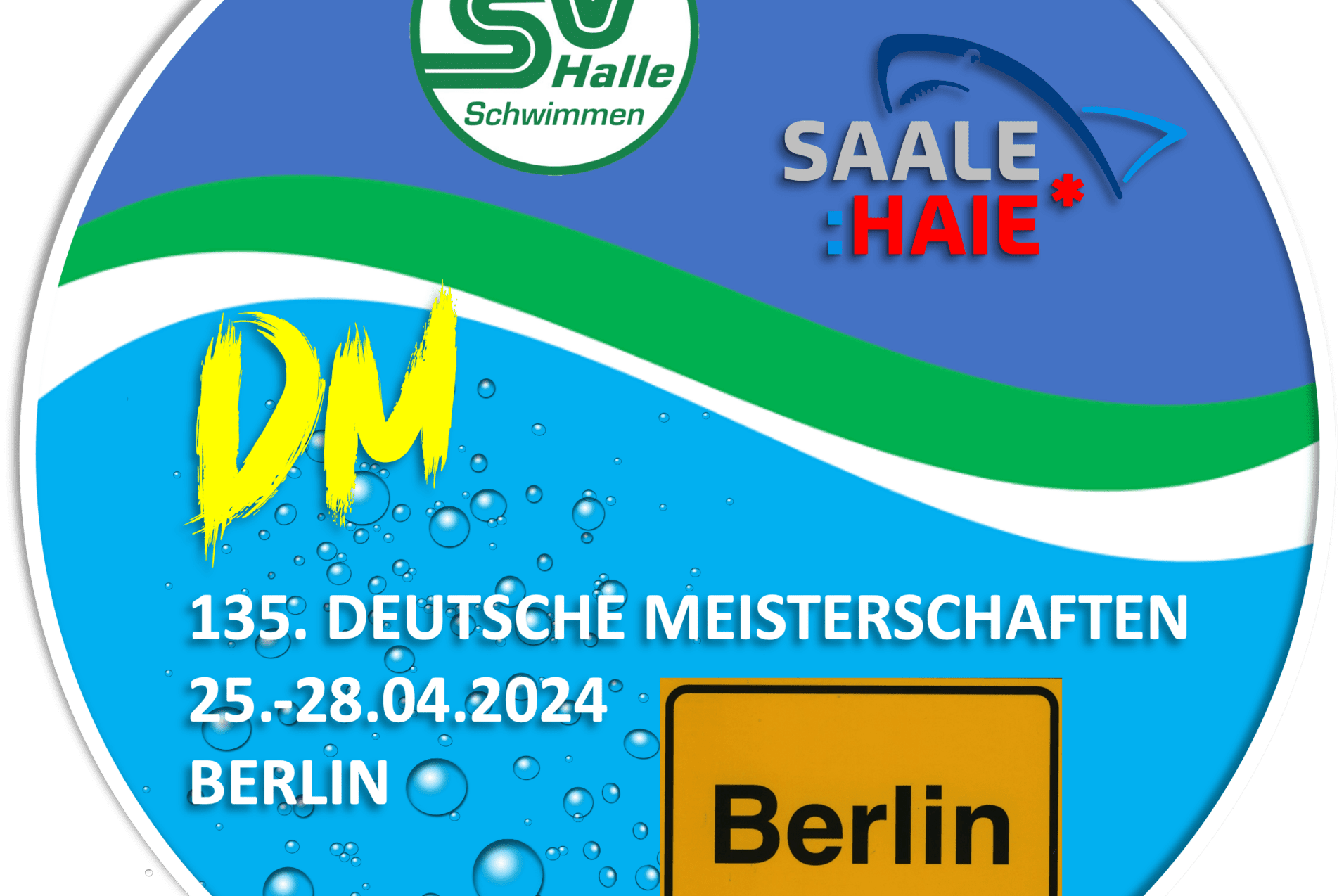 Logo der 135. Deutschen Meisterschaften im Schwimmen, 25.-28.04.2024 in Berlin, mit Wasser- und Bildelementen.