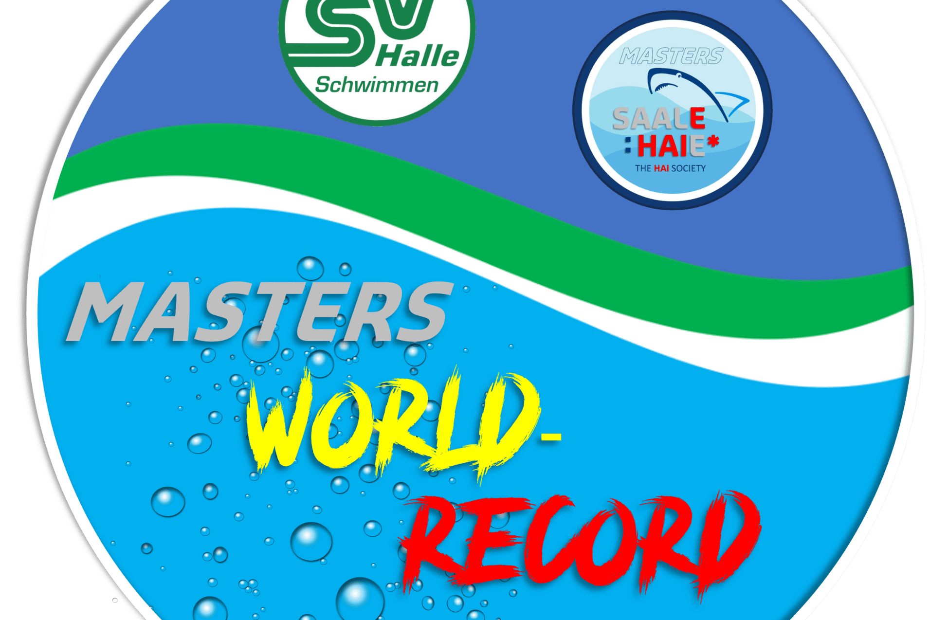 Wettkampfmedaille für Masters-Schwimmen: „WORLD RECORD“ in Berlin 2024, umgeben von Wasserspritzern und Logos.