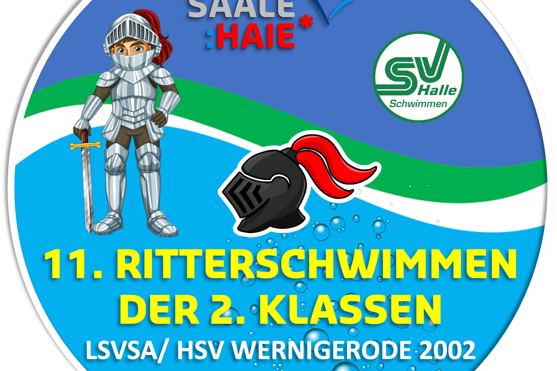 Logo des 11. Ritterschwimmens mit Ritterfigur, Wasserblasen und Informationen zu Veranstaltung und Datum.