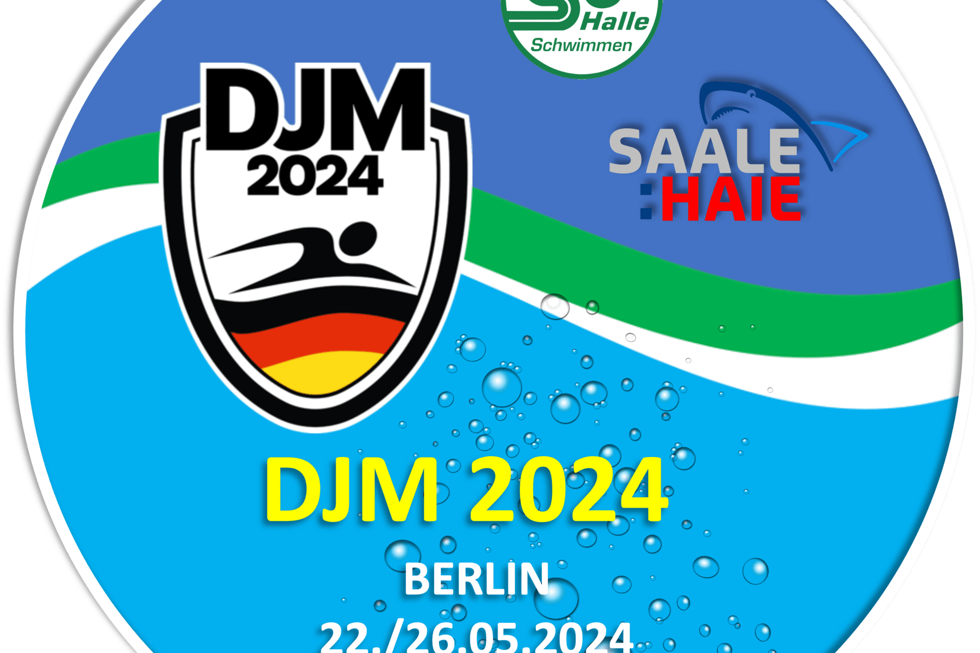 Rundes Logo für die DJM 2024 in Berlin, Datum: 22./26.05.2024, mit Schwimmer und Wasserblasen-Design.