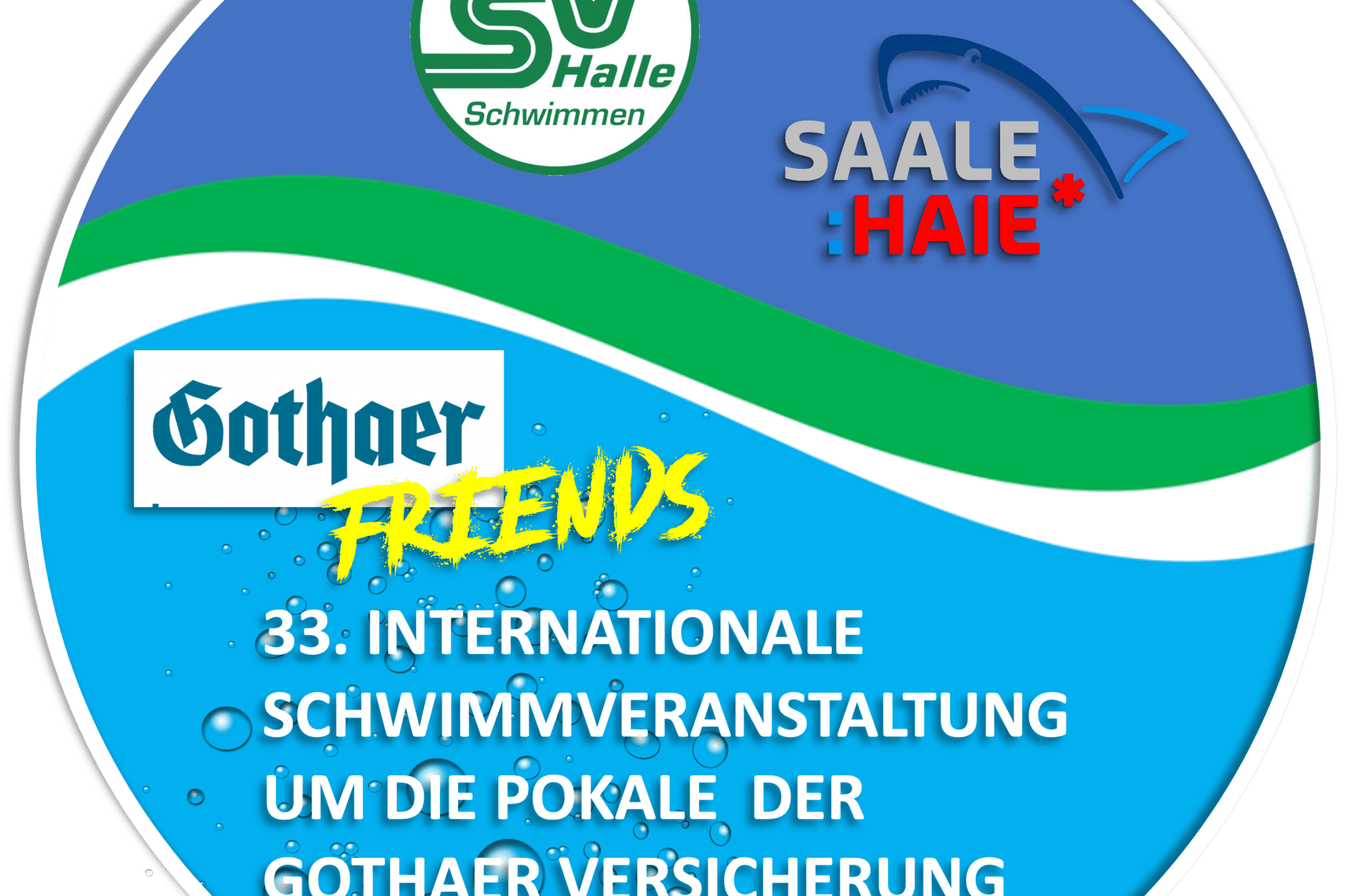 Logo für internationale Schwimmveranstaltung mit dem Titel "Gotharer Friends" und Sponsor "Gothaer Versicherung".