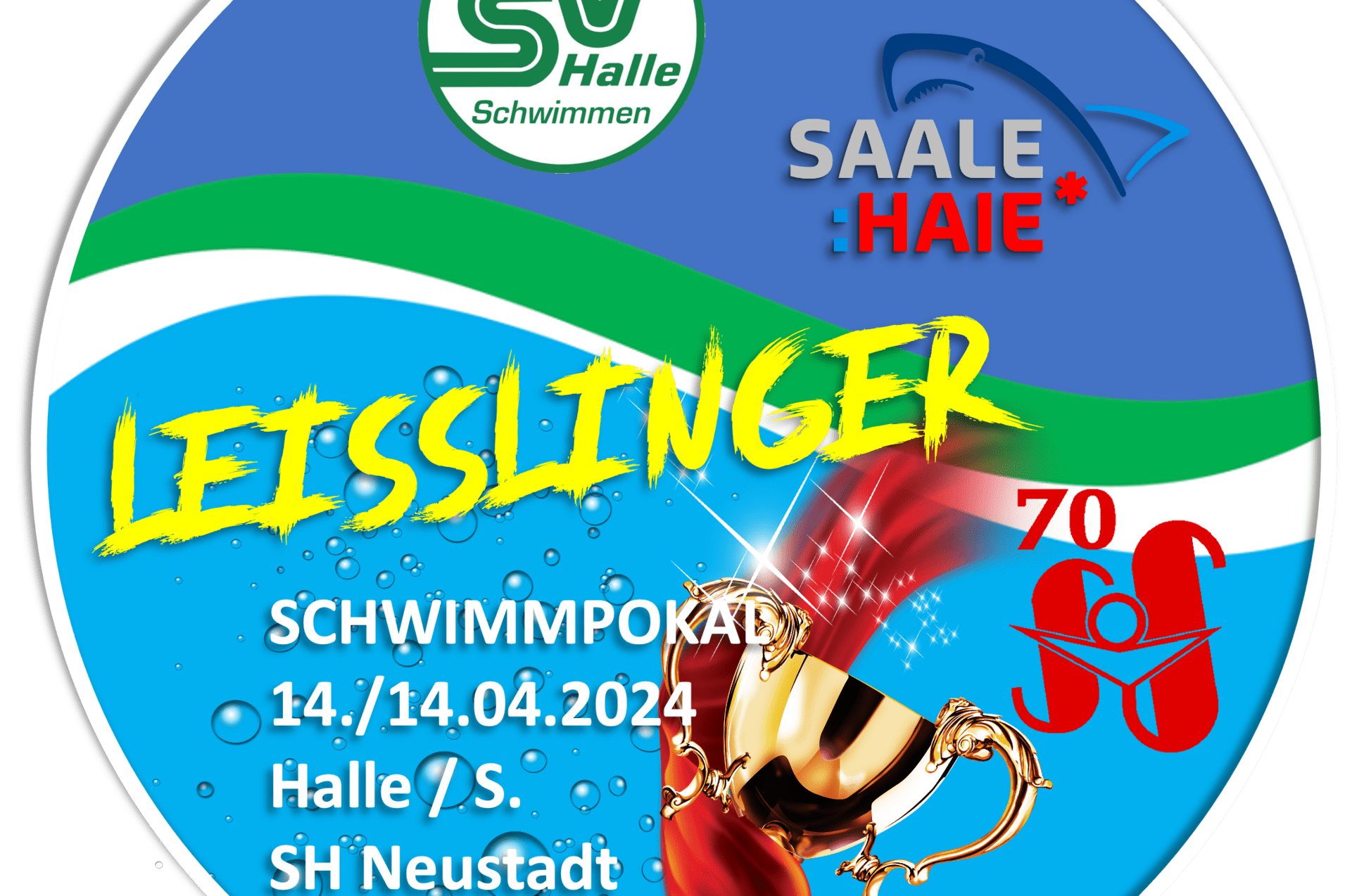 Logo für den Schwimmwettbewerb „Leisslinger Schwimmpokal“ am 14.04.2024 in Neustadt, mit goldener Trophäe und Wasserbläschen.