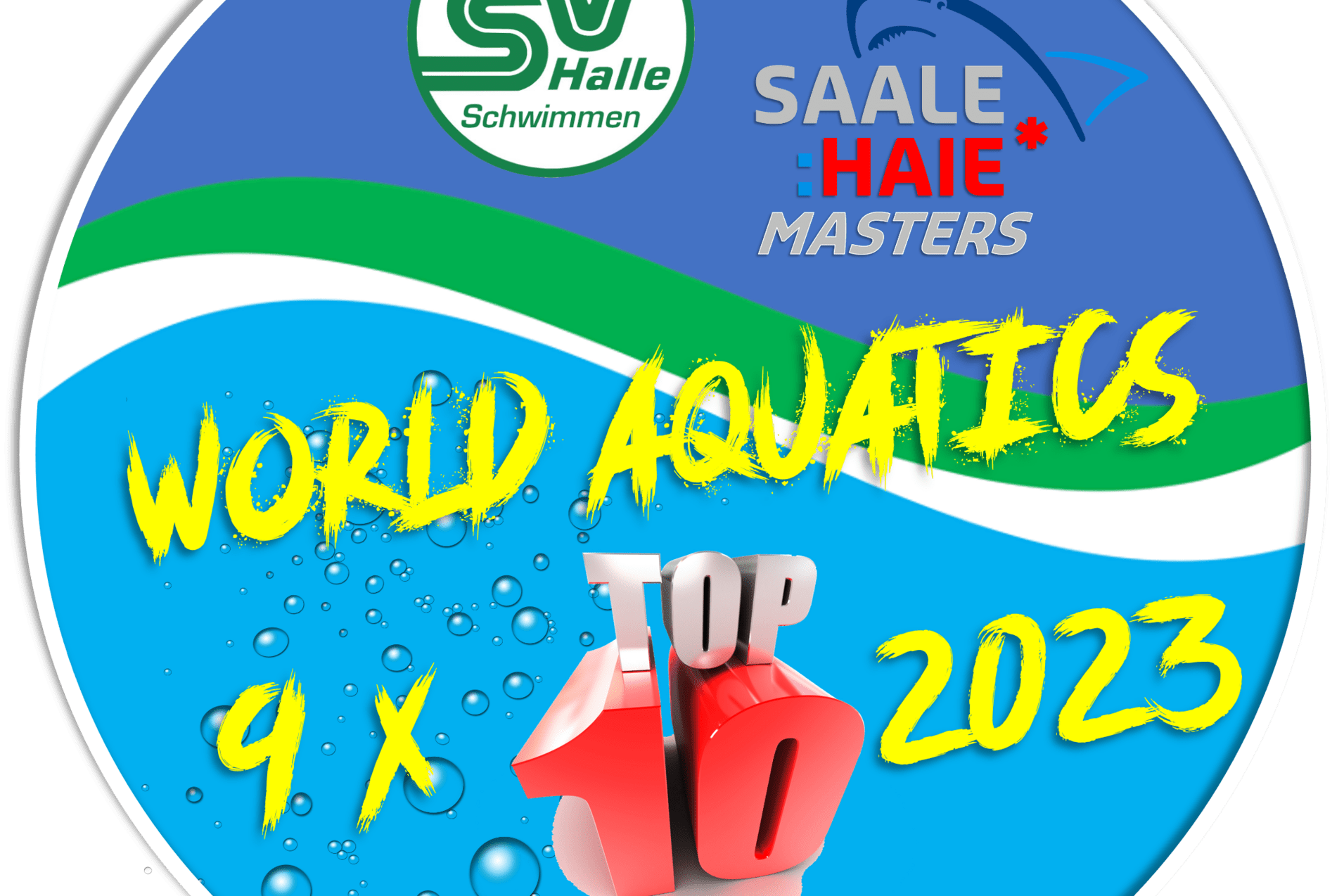 Rundes Logo mit Aufschrift „World Aquatics Top 10 2023“ und den Symbolen für Schwimmen und die Saale Haie.