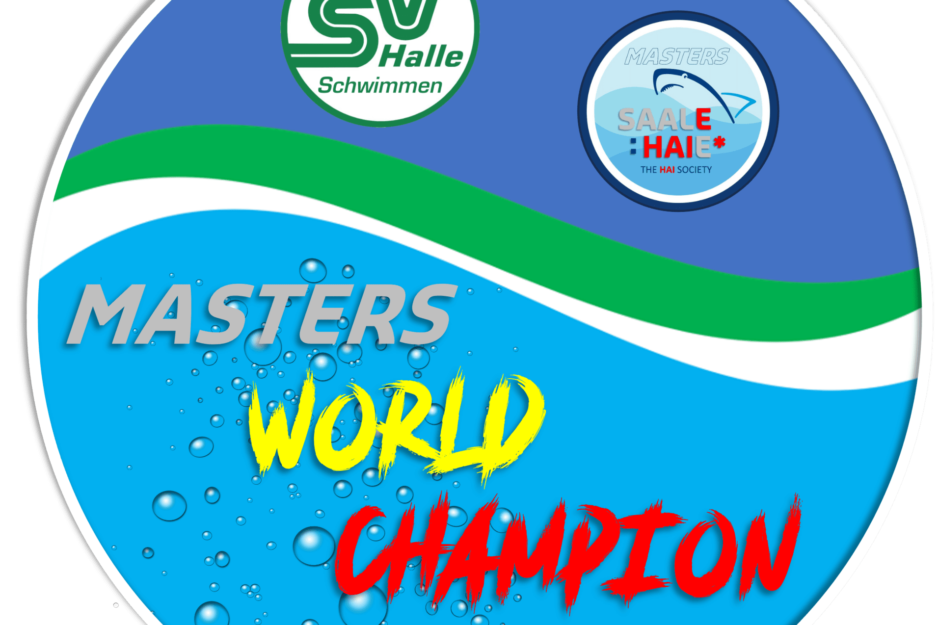 Logo der Masters-Weltmeisterschaft 2024 in Doha mit Wasserblasen und den Schriftzügen „MASTERS WORLD CHAMPION“.
