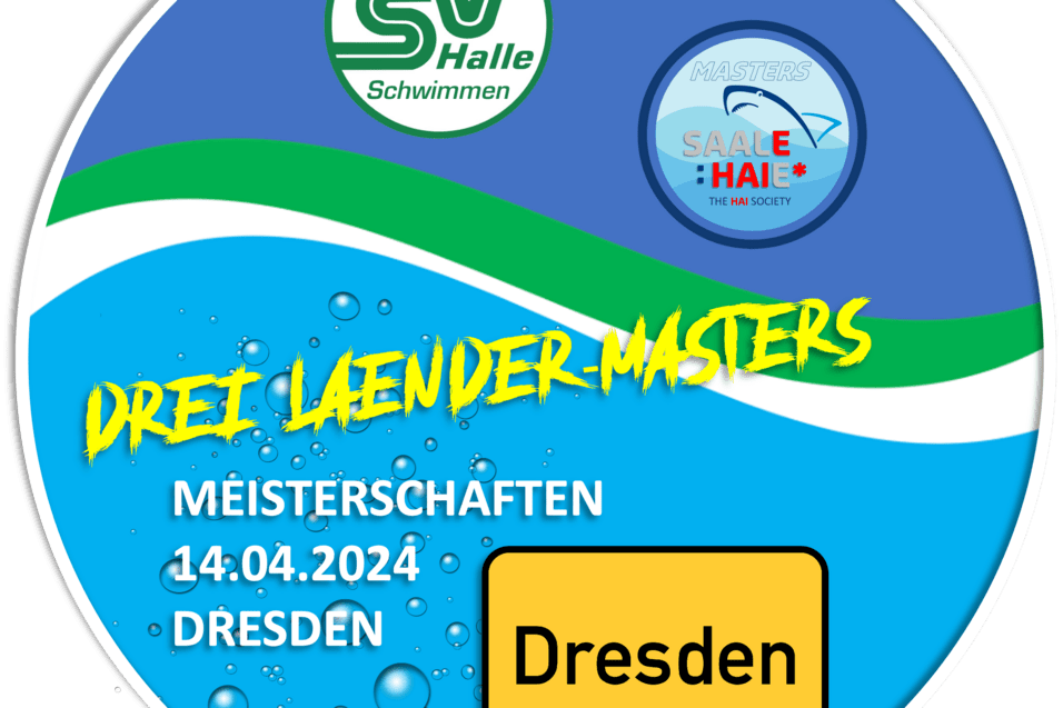 Logo f&uuml;r die Drei-L&auml;nder-Masters Meisterschaften in Dresden am 14.04.2024 mit Wassertropfen und Sportverbandsymbolen.
