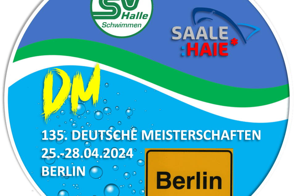 Logo der 135. Deutschen Meisterschaften im Schwimmen, 25.-28.04.2024 in Berlin, mit Wasser- und Bildelementen.