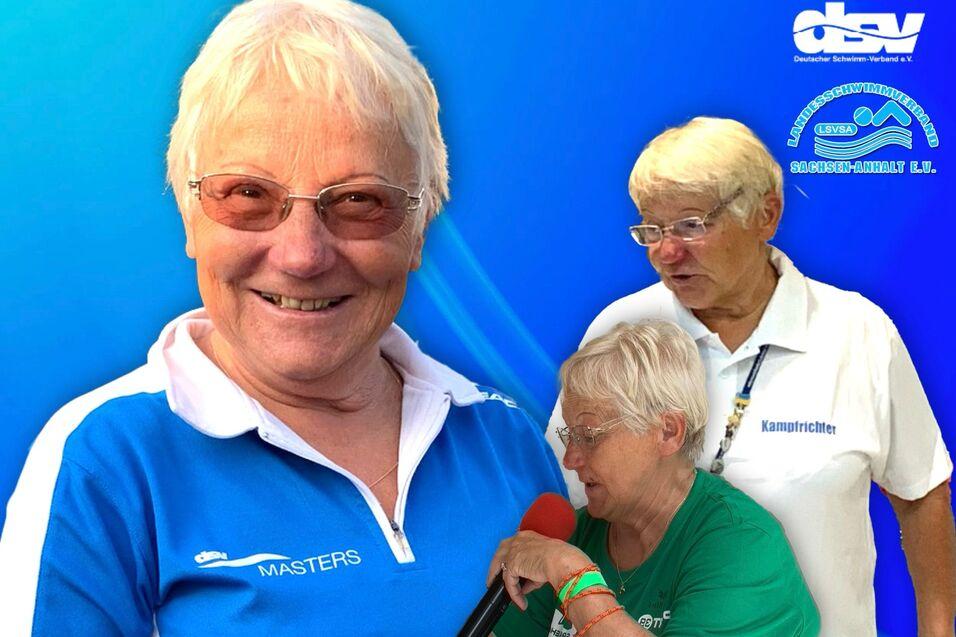 Portr&auml;t einer fr&ouml;hlichen Frau mit kurzen blonden Haaren, die ein blaues Shirt mit &bdquo;MASTERS&ldquo; tr&auml;gt, vor blauem Hintergrund.