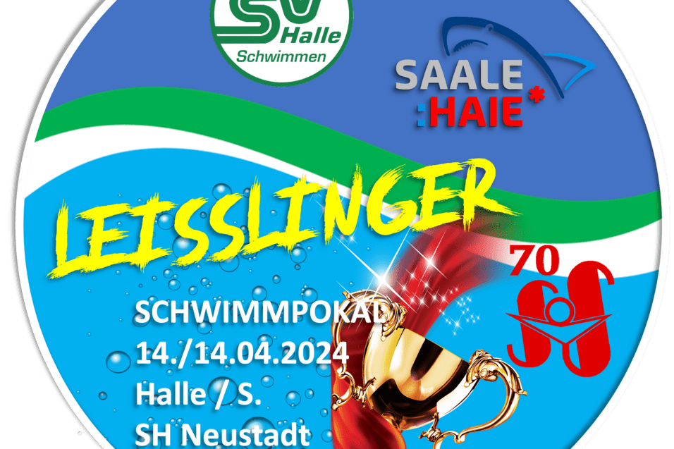 Logo f&uuml;r den Schwimmwettbewerb &bdquo;Leisslinger Schwimmpokal&ldquo; am 14.04.2024 in Neustadt, mit goldener Troph&auml;e und Wasserbl&auml;schen.