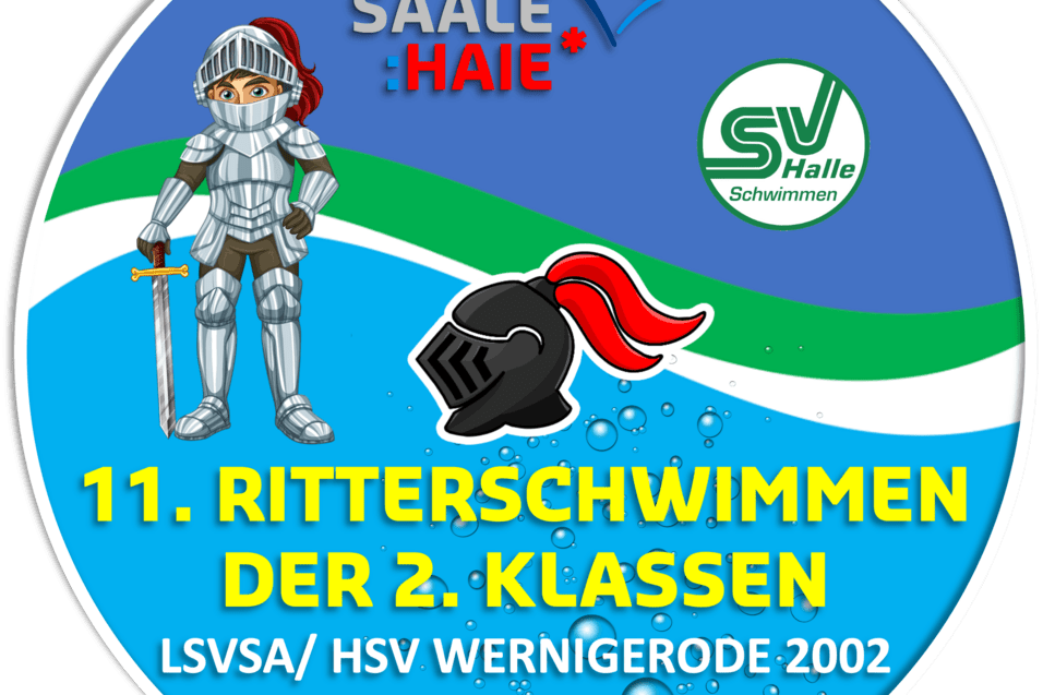 Logo des 11. Ritterschwimmens mit Ritterfigur, Wasserblasen und Informationen zu Veranstaltung und Datum.