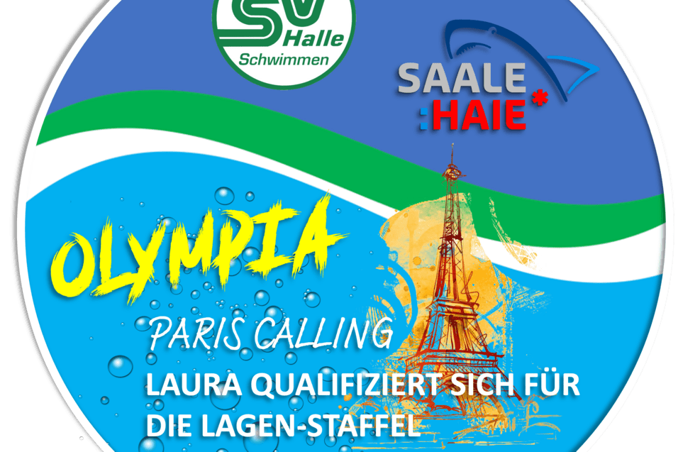 Logo mit dem Schriftzug &bdquo;Olympia Paris Calling&ldquo; und Info zu Laura, die sich f&uuml;r die Lagenstaffel qualifiziert hat.