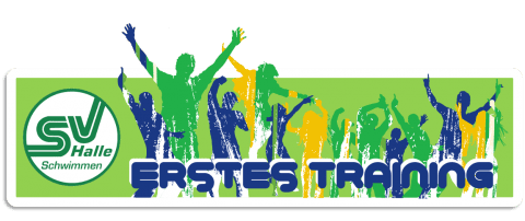 Logo des SV Halle Schwimmen mit dem Schriftzug &bdquo;Erstes Training&ldquo; und silhouettenhaften Figuren in verschiedenen Farben.