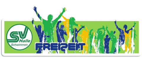 Logo des SV Halle Schwimmen mit bunten Silhouetten von feiernden Menschen und dem Schriftzug &bdquo;FREIZEIT&ldquo; auf gr&uuml;nem Hintergrund.
