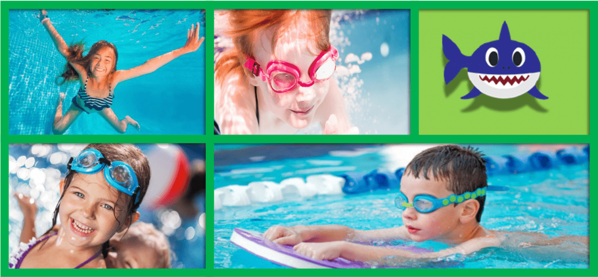 Vier Kinder schwimmen in einem Pool, einige mit Schwimmbrillen, w&auml;hrend ein Cartoon-Hai im Hintergrund zu sehen ist.