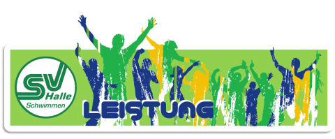Logo des SV Halle Schwimmen, mit bunten, stilisierten Silhouetten von jubelnden Menschen und dem Wort "LEISTUNG".