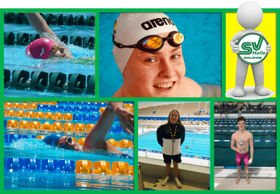 Collage mit Schwimmern im Wettkampf, Porträt eines schwimmenden Mädchens, Medaillengewinnern und einem Vereinslogo.